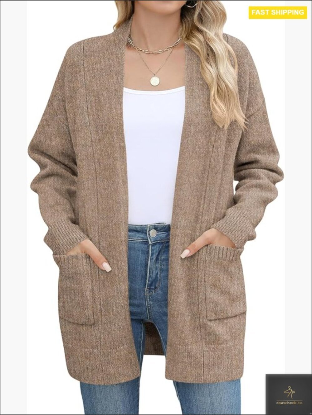Open Front Knit Cardigan Sweater Long Sleeve Loose Jacket with Pockets